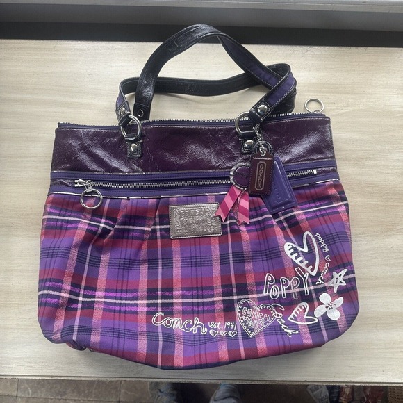 Coach Poppy Plaid Purple Pink Handbag Large gray condition - Picture 1 of 16